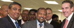 (Left to right, front) Rajesh Ramkawal – Production Manager of Altech UEC, Minister of Communications Roy Padayachie and Altech CEO Craig Venter touring the new Altech UEC manufacturing facility